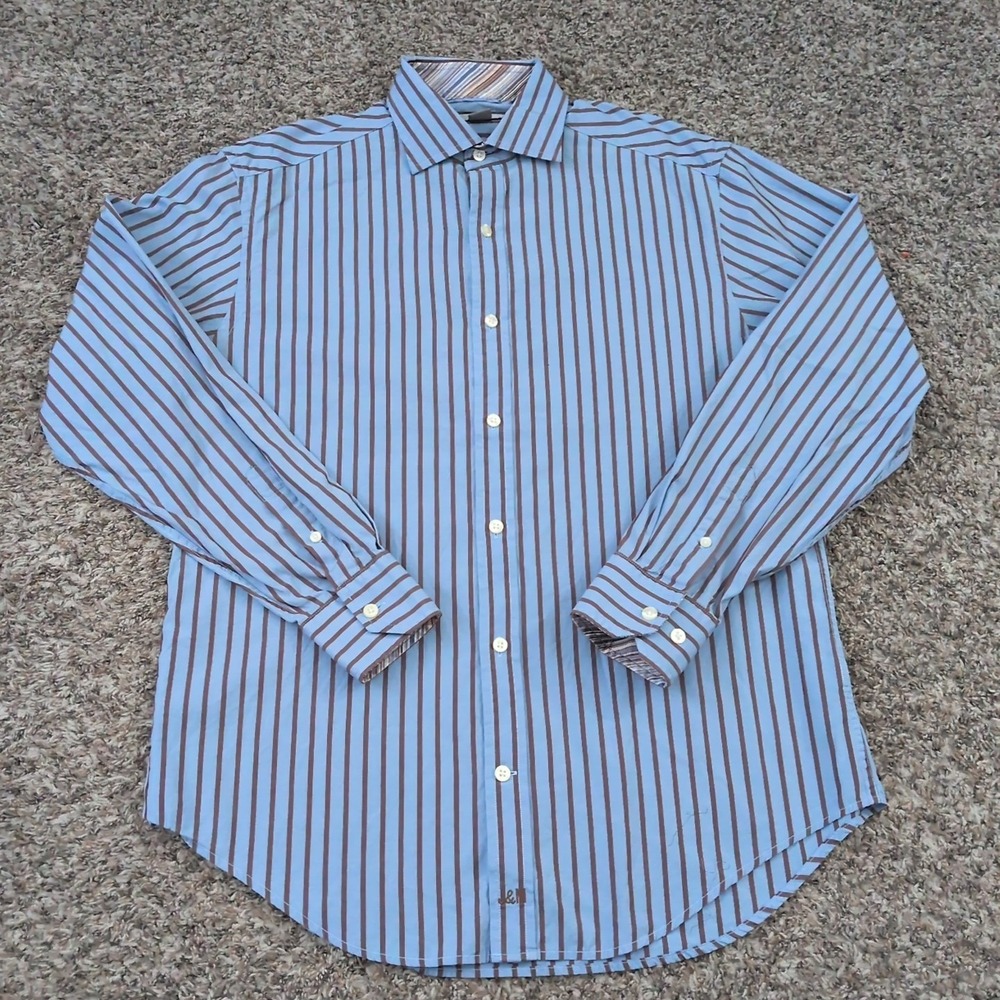 Johnston & Murphy Shirt Mens Medium Brown Blue Striped Tailored Fit Long Sleeve